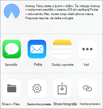 Posnetek zaslona gumba »Shrani fotografijo« v apliakciji OneDrive za iOS