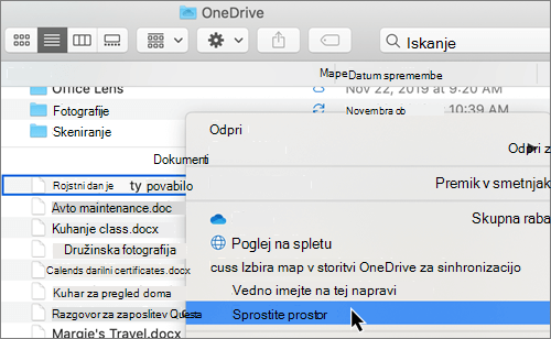 Posnetek zaslona možnosti storitve OneDrive Files na zahtevo v aplikaciji Finder on a Mac