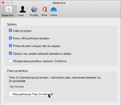 Posnetek zaslona z nastavitvami v računalniku Mac za datoteke storitve OneDrive na zahtevo