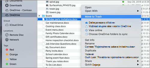 Z desno tipko miške kliknite izbor menija za brisanje datoteke iz storitve OneDrive v programu Mac Finder