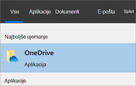 Posnetek zaslona, na katerem je prikazano iskanje namizne aplikacije OneDrive v sistemu Windows 10