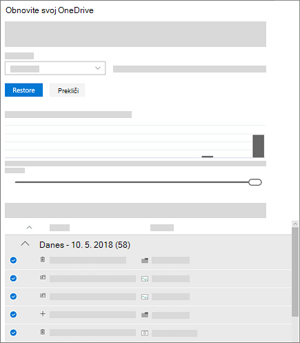 Posnetek zaslona uporabe grafikona in vira dejavnosti za izbiranje dejavnosti na zaslonu »Obnovite svoj OneDrive