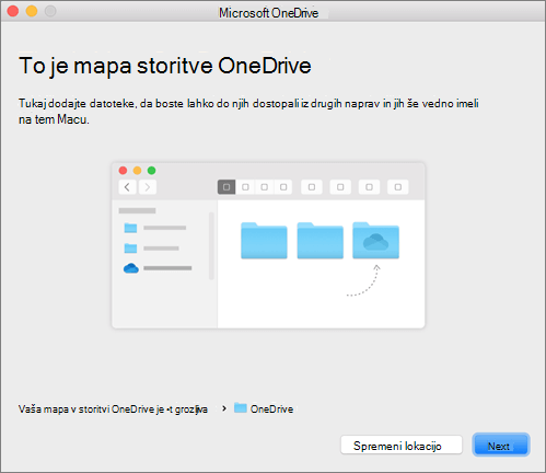 Posnetek zaslona, na kateri je prikazana stran »To je vaša mapa storitve OneDrive« v čarovniku »Dobrodošli v storitvi OneDrive« v računalniku Mac