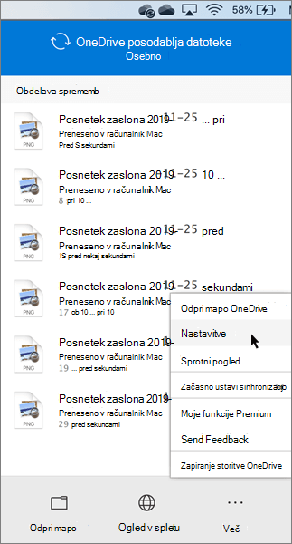 Posnetek zaslona, na katerem je prikazano konfiguriranje nastavitev storitve OneDrive