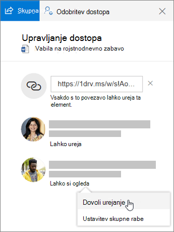 Posnetek zaslona razdelka »Skupna raba« v podoknu s podrobnostmi za datoteko v skupni rabi.