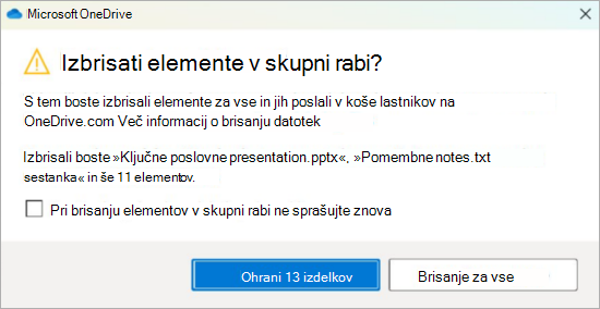 Posnetek zaslona potrditvenega poziva za brisanje datotek v skupni rabi v storitvi OneDrive
