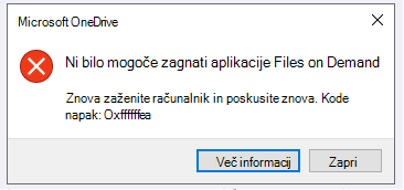Napaka storitve OneDrive: storitve Files on Demand ni bilo mogoče zagnati Znova zaženite računalnik in poskusite znova. Kode napak: koda napake <>