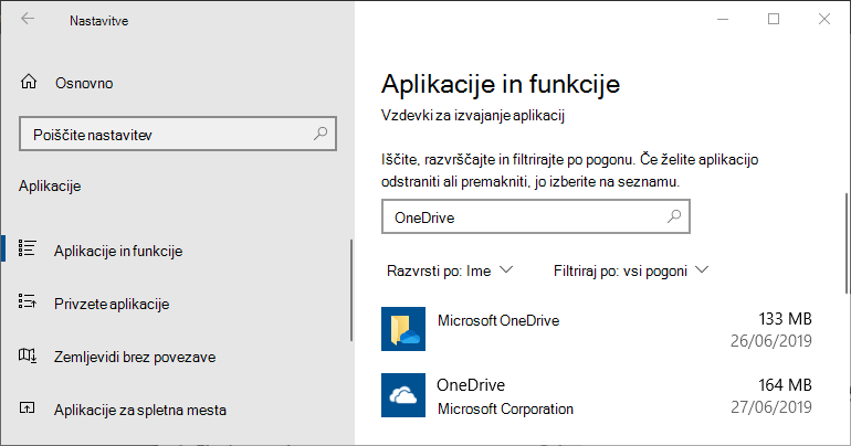 OneDrive v nastavitvah aplikacije za Windows