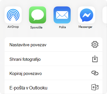 Meni za skupno rabo z aplikacijami na vrhu in seznam možnosti skupne rabe pod njimi.