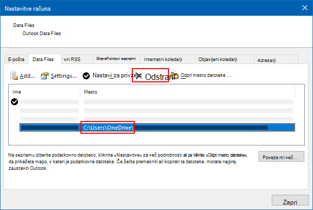 Pogovorno okno z Outlookovimi podatkovnimi datotekami