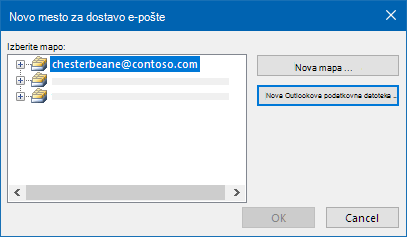 Pogovorno okno mesta za dostavo e-pošte v Outlooku