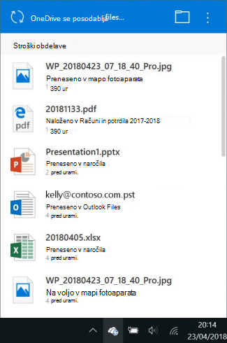 Zaslon »Obdelava sprememb«, ki ga izvaja storitev OneDrive