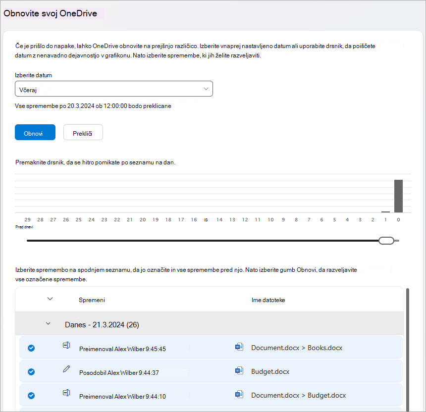 Obnovite dejavnosti datotek v storitvi OneDrive.