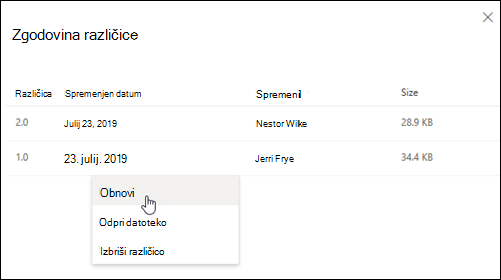 Podokno »Zgodovina različic«