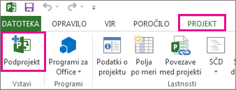 Zavihek »Projekt« na traku, na katerem je prikazan ukaz »Vstavi podprojekt«.