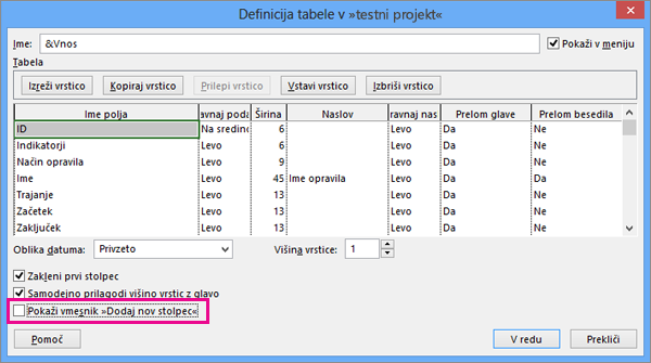 Table Definition dialog box