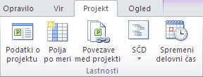 Skupina »Lastnosti« na zavihku »Projekt«