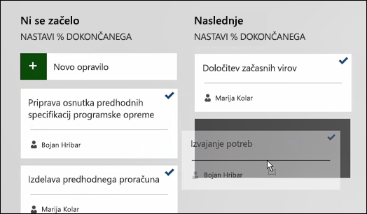 Premikanje opravila na tabli trenutnih sprintov.