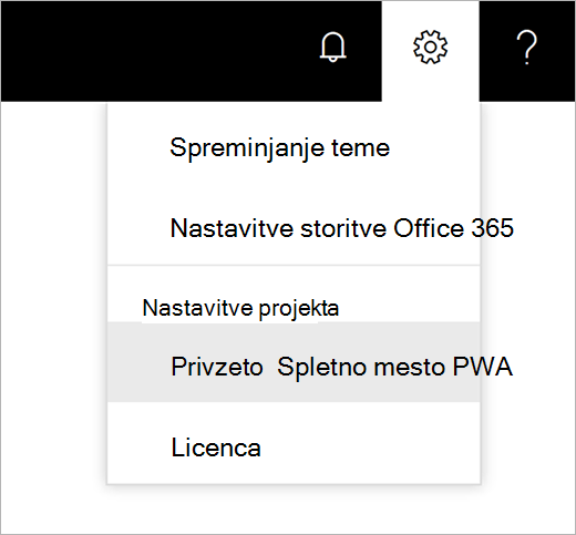 Posnetek zaslona menija z ikono mehanizma »Nastavitve« s kazalcem, ki izbere privzeto spletno mesto programa PWA