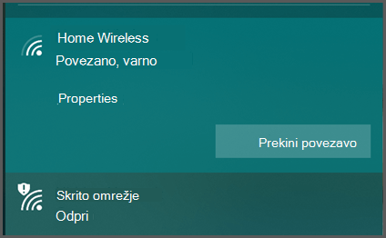 Posnetek zaslona uporabniškega vmesnika brezžičnih nastavitev sistema Windows.