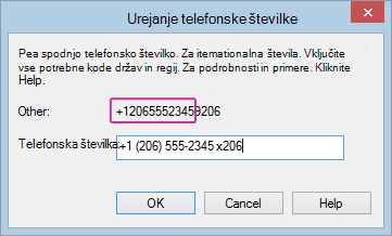 Urejanje telefonske številke z dodano interno številko v Lyncu