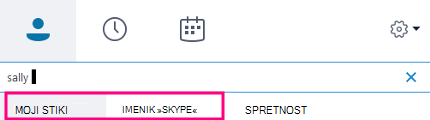 Ko začnete vnašati besedilo v polje »Iskanje« v Skypu za podjetja, se zavihki spodaj iz »Moji stiki« spremenijo v »Skypov imenik«.