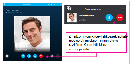 Posnetki zaslona maksimiziranega in minimiziranega okna Skypa za podjetja