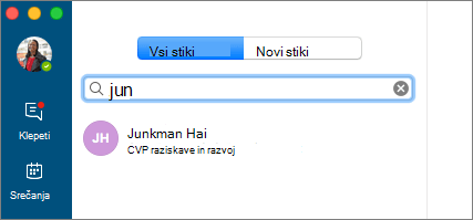 Posnetek zaslona zavihka »Stiki« z vnesenim iskanim besedilom in prikazanim rezultatom iskanja.