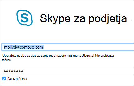 Posnetek zaslona za vpis v Skype za podjetja.
