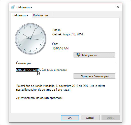 Posnetek zaslona, ki prikazuje meni Datum in ura v sistemu Windows 10.