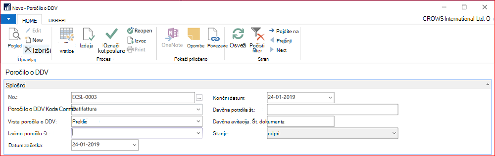 Posnetek zaslona za novo poročilo o DDV-ju