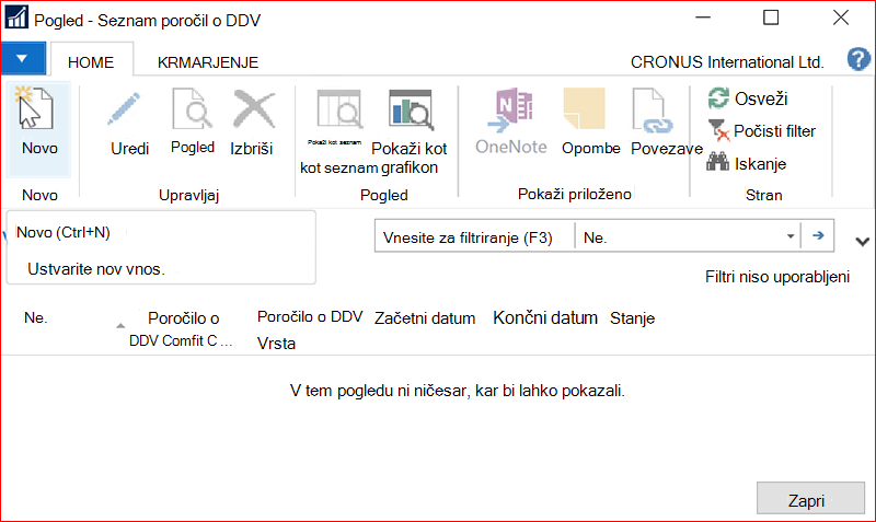 Posnetek zaslona okna »Seznam poročil o DDV-ju«