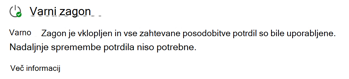 Razdelek Varni zagon, ki prikazuje popolnoma posodobljeno stanje z zeleno ikono kljukice.