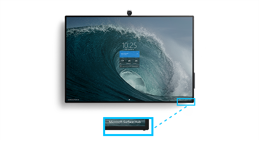 Prikaže napravo Surface Hub 2S z oblačkom, ki poveča glasnost in mesto gumba za vklop v spodnjem desnem kotu naprave Surface Hub 2S.