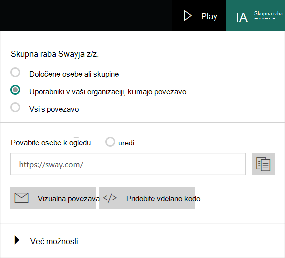 Swayjev meni v računu organizacije