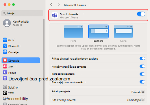 Nastavitve sistema Mac Dovoli obvestila aplikacije Microsoft Teams