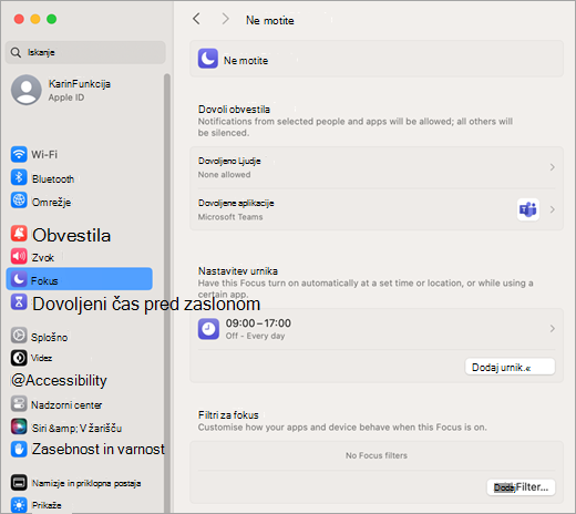 Nastavitve sistema Mac za obvestili o času za fokus in Ne motite