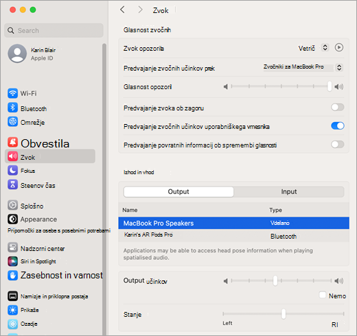 Zvočni učinki nastavitev sistema Mac