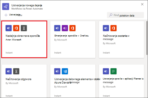 Pogovorno okno s poteki dela, ki jih je mogoče zagnati iz sporočil