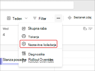 Posnetek zaslona, na katerem so označene nastavitve koledarja v aplikaciji Teams.