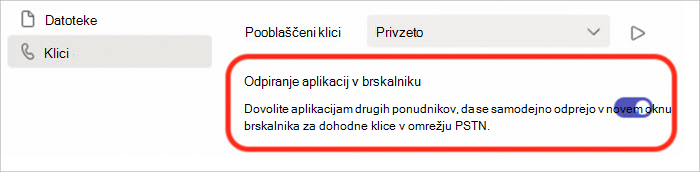 Posnetek zaslona nastavitev za vklop ali izklop sprejemanja klicev v pojavnem oknu brskalnika.