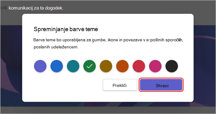 Posnetek zaslona označenega uporabniškega vmesnika, ki prikazuje, kako spremeniti barvo teme sestanka z zaposlenimi