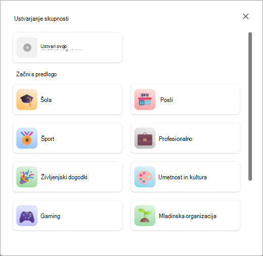 Posnetek zaslona gumbov za ustvarjanje skupnosti s predlogo ali brez nje v skupnostih v aplikaciji Microsoft Teams (brezplačno).