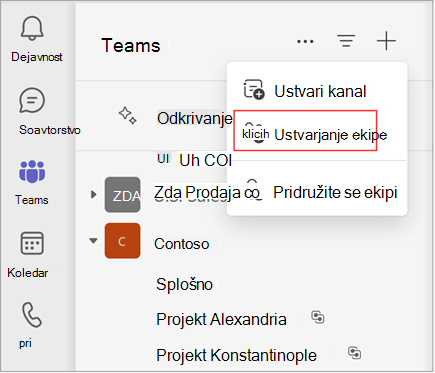 Posnetek zaslona menija z možnostmi za ustvarjanje kanala, ustvarjanje skupine ali pridružitev skupini. Izberite Ustvari ekipo, da ustvarite ekipo. Prikaže tudi seznam obstoječih ekip in kanalov.
