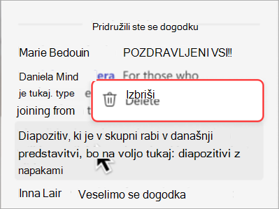 Posnetek zaslona, ki prikazuje, kako izbrisati sporočilo iz klepeta v mestni hiši.