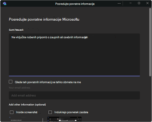 Pogovorno okno za pošiljanje povratnih informacij