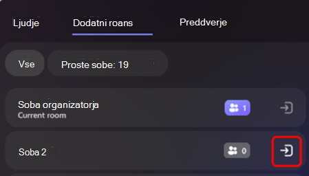 Posnetek zaslona, ki prikazuje, kako lahko organizatorji spremenijo sobe v poglobljenem dogodku.