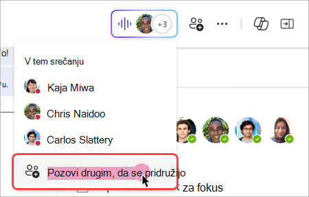 Posnetek zaslona, ki prikazuje, kako v takojšnjem srečanju v skupinskem klepetu pokličite zvonjenje z indikatorjem v živo.