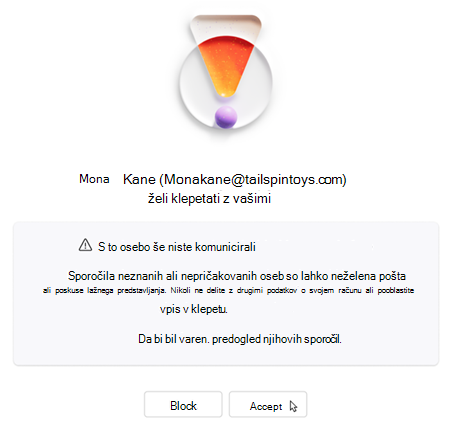 Besedilo, ki uporabnika prosi, naj sprejme ali blokira nov klepet