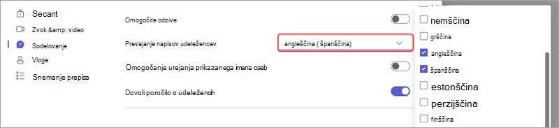 Možnost srečanja, ki prikazuje, kako dodate jezike za napise, prevedene v živo na dogodku.
